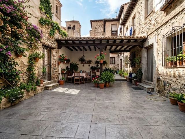 Patio de casa de pueblo renovado con hormigón impreso losa de pizarra