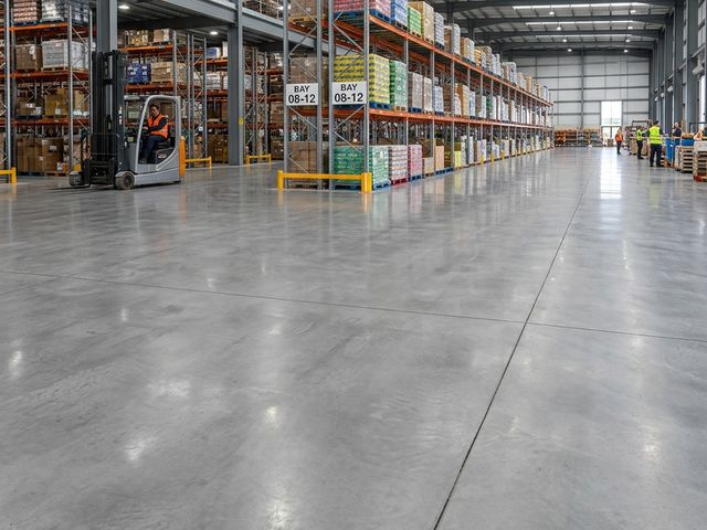 Nave logística con solera de hormigón fratasado y estanterías