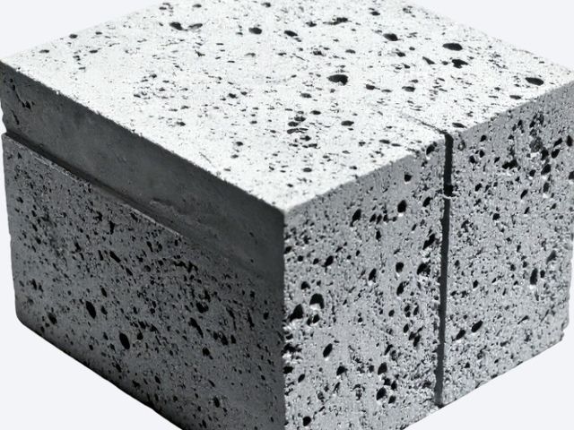 Probeta cortada de hormigón poroso con huecos entre áridos
