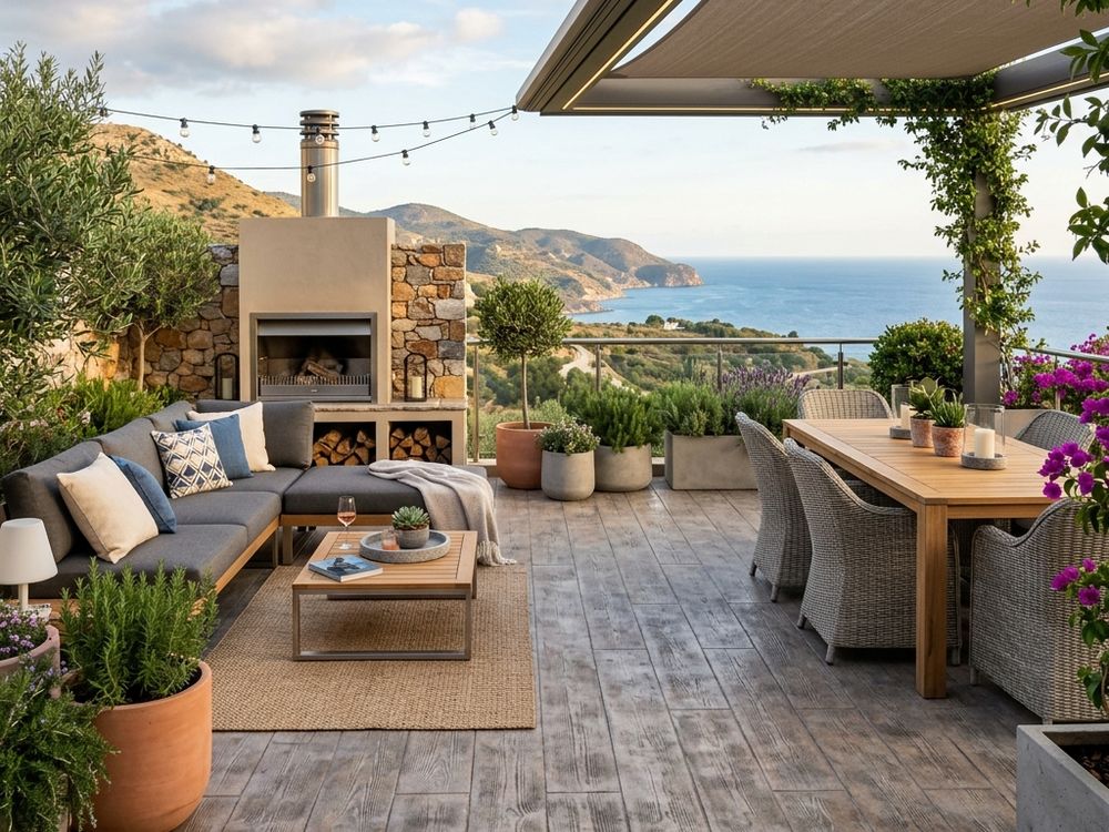 Terraza exterior de vivienda con suelo de hormigón impreso en molde piedra