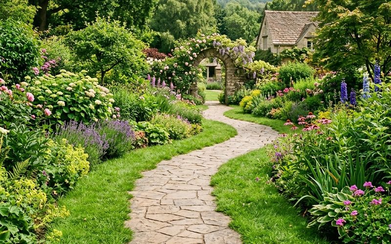 Camino de jardín con pavimento de hormigón impreso entre césped y plantas